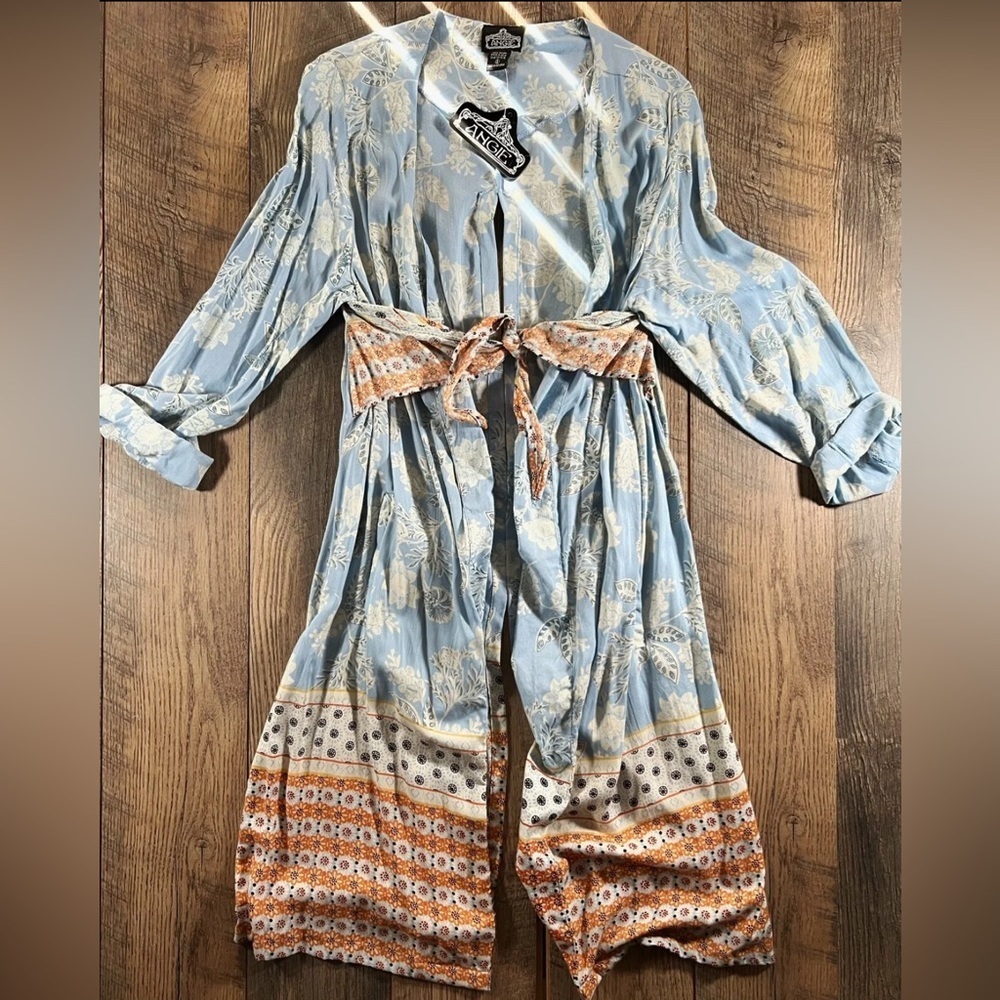 ANGIE Kimono Womens Small Blue Floral Print Open Boho Belted Cardigan Duster - Picture 3 of 8